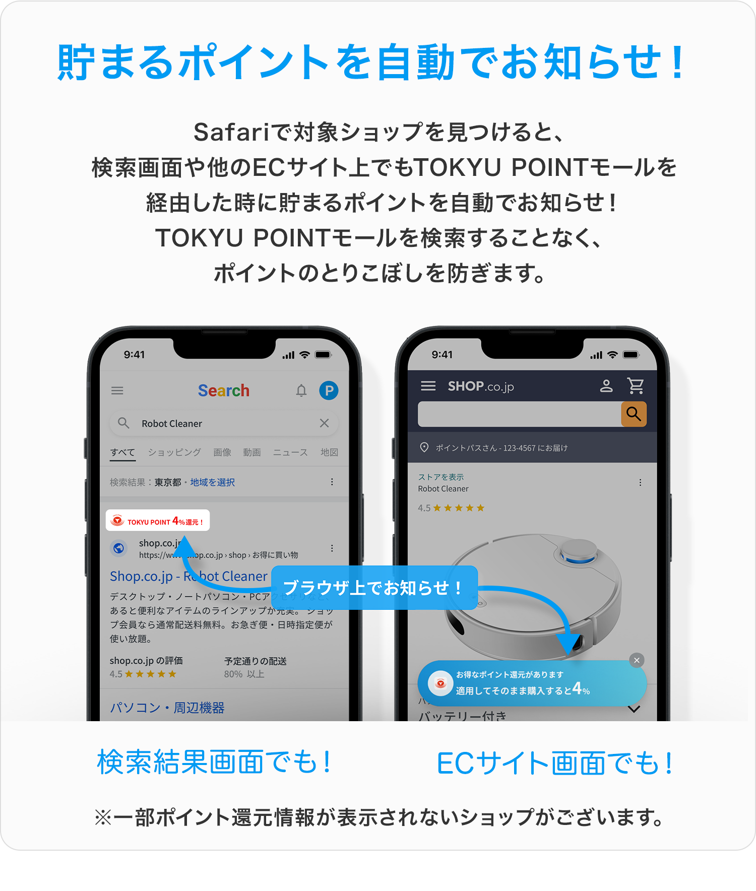 貯まるポイントを自動でお知らせ!Safariで対象ショップを見つけると、検索画面や他のECサイト上でもTOKYU POINTモールを経由した時に貯まるポイントを自動でお知らせ!TOKYU POINTモールを検索することなく、ポイントのとりこぼしを防ぎます。