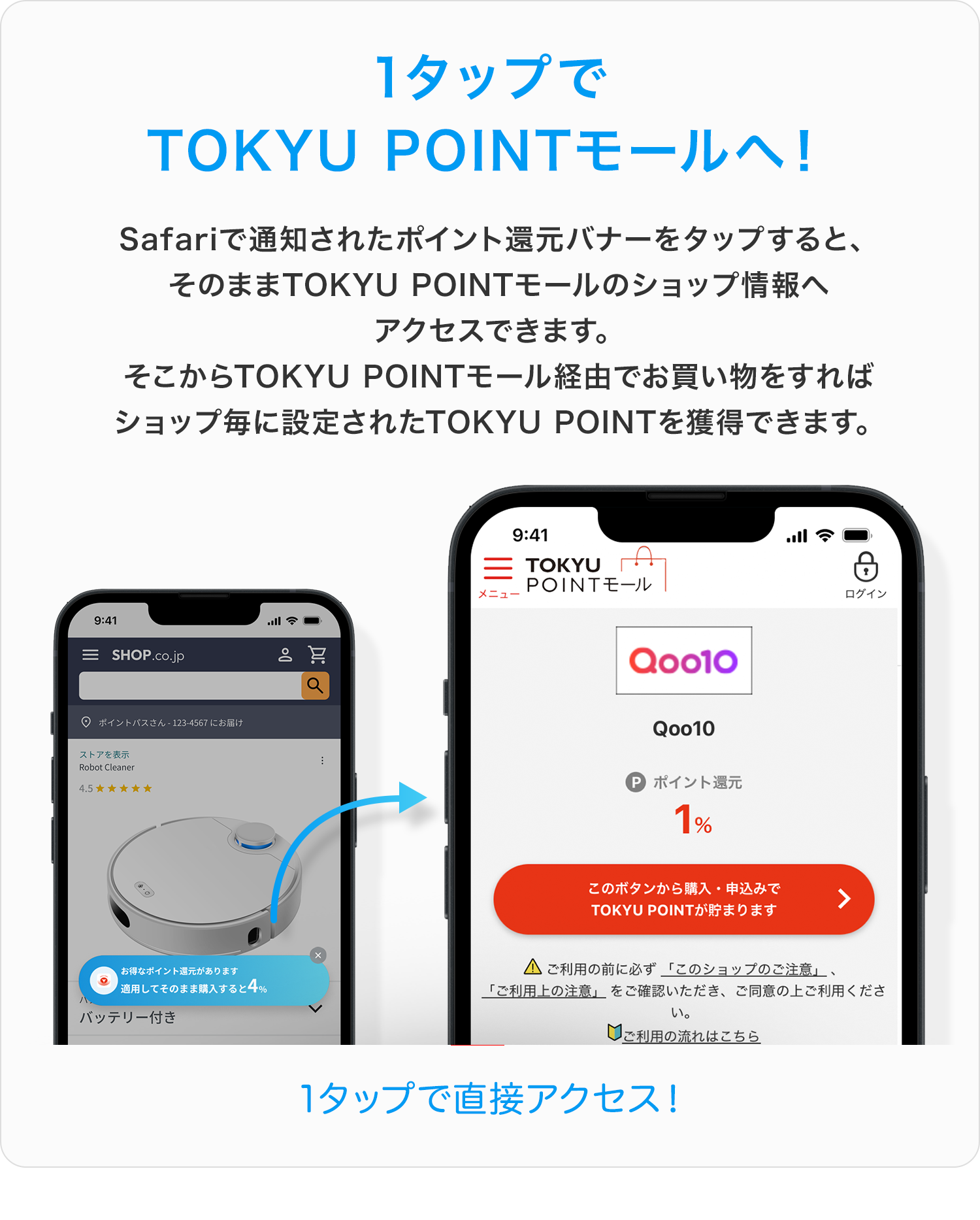 1タップでTOKYU POINTモールへ!Safariで通知されたポイント還元バナーをタップすると、そのままTOKYU POINTモールのショップ情報へアクセスできます。そこからTOKYU POINTモール経由でお買い物をすればショップ毎に設定されたTOKYU POINTを獲得できます。