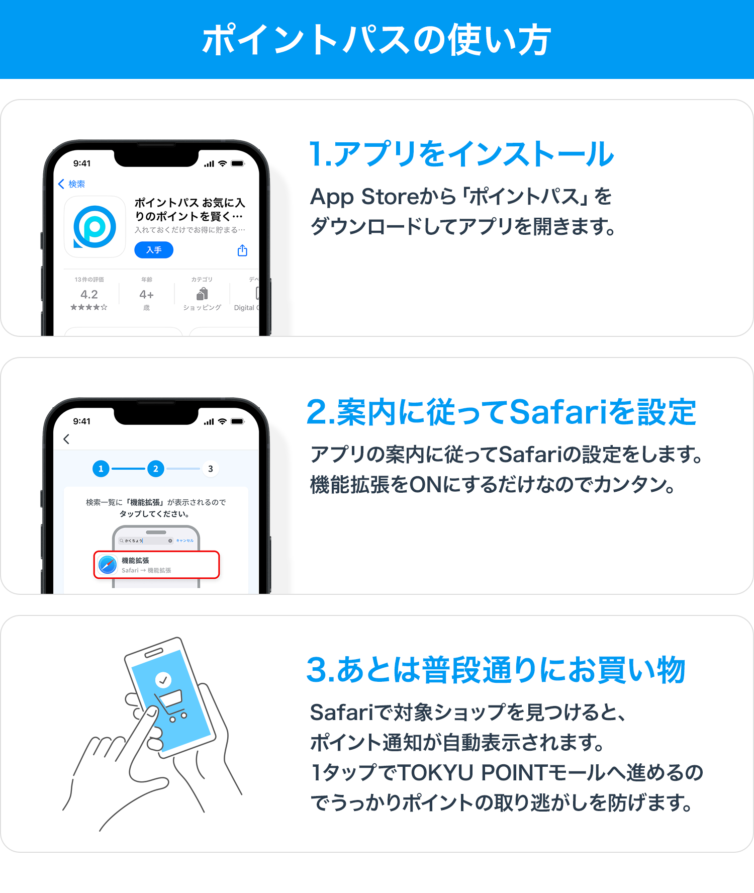 ポイントパスの使い方 1.アプリをインストール App Storeから「ポイントパス」をダウンロードしてアプリを開きます。2.案内に従ってSafariを設定 アプリの案内に従ってSafariの設定をします。機能拡張をONにするだけなのでカンタン。3.あとは普段通りにお買い物 Safariで対象ショップを見つけると、ポイント通知が自動表示されます。1タップでTOKYU POINTモールへ進めるのでうっかりポイントの取り逃がしを防げます。